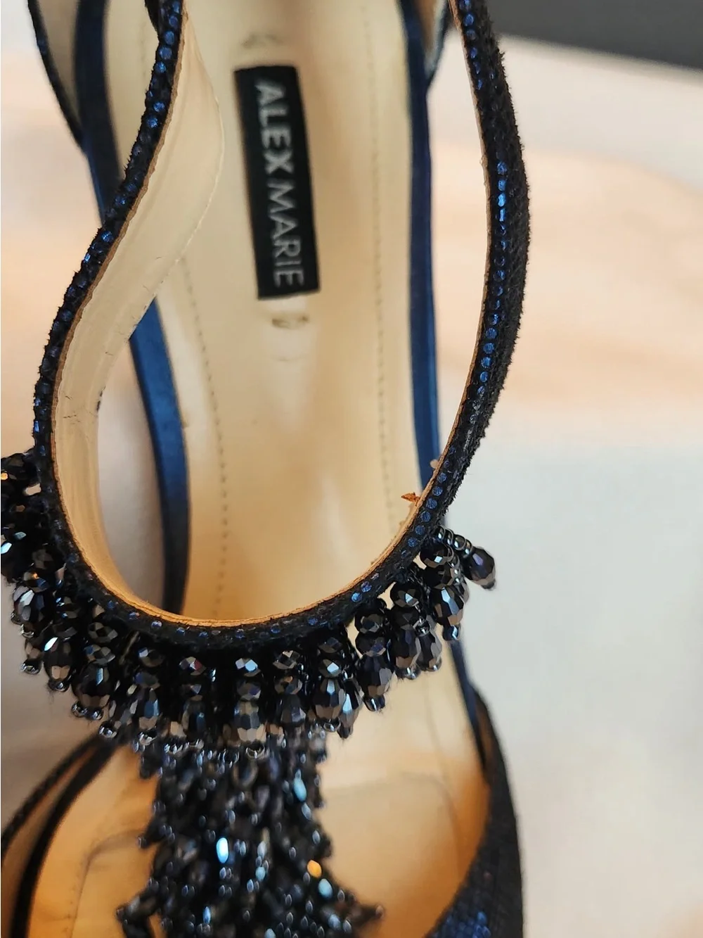 Alex Marie Black Beaded Fringe Open-Toe Heels